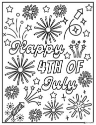 4th of July Coloring Page with Fireworks and Celebration Icons