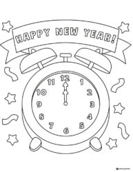 Alarm Clock Happy New Year Coloring Page with Bold Midnight Time