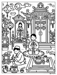 Ancestral Worship Coloring Sheet with Temple and Offerings