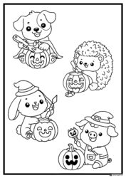 Animal Friends Carving Pumpkin Coloring Page for Halloween