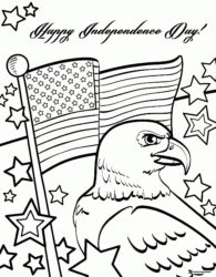 Bald Eagle and Flag Coloring Page with Happy Independence Day