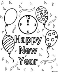 Balloon and Clock Countdown New Year Coloring Page