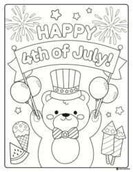 Bear Coloring Page with Balloons and 4th of July Banner
