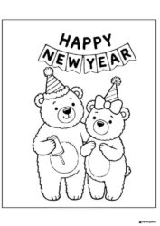 Bear Couple Coloring Page with Party Hats and Banner