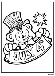 Bear in Patriotic Hat Coloring Sheet Holding July 4th Sign