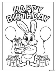 Birthday Bunny Coloring Page with Balloons and Wrapped Gifts