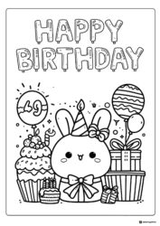 Birthday Bunny Coloring Page with Gifts and Balloons