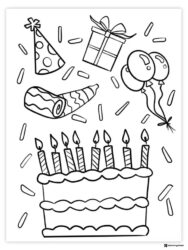 Birthday Cake Coloring Page with Candles and Party Items