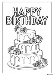 Birthday Cake Coloring Page with Roses and Icing Layers