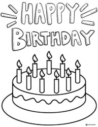 Birthday Cake Coloring Page with Ten Lit Candles on Top