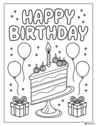 Birthday Cake Slice Coloring Page with Balloons and Gifts