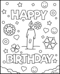 Birthday Candle Coloring Page with Flowers and Smiley Faces