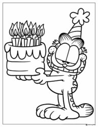 Birthday Cat Character Coloring Page Holding Cake with Candles