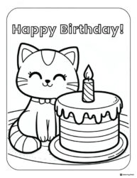 Birthday Cat Coloring Page with Candle and Layered Cake