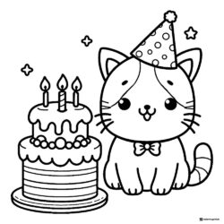 Birthday Cat Coloring Page with Layered Cake and Party Hat