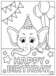 Birthday Elephant Coloring Page with Balloons and Party Hat