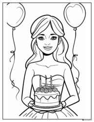 Birthday Girl Coloring Page with Balloons and Cake