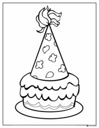 Birthday Hat on Cake Coloring Page with Fun Decorations