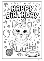 Birthday Kitten Coloring Page with Balloons and Paw Prints