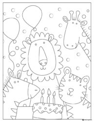 Birthday Party Animal Coloring Page with Cake and Balloons