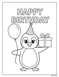 Birthday Penguin Coloring Page with Balloon and Gift