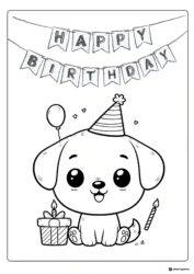 Birthday Puppy Coloring Page with Banner and Candle Gift