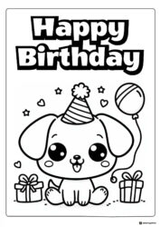 Birthday Puppy Coloring Sheet with Party Hat and Gift Boxes