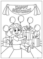Boy Birthday Coloring Page with Gifts Balloons and Banner