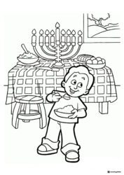 Boy Eating Hanukkah Food Coloring Page with Table and Menorah