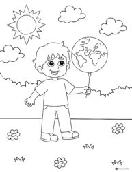 Boy Holding Earth Balloon Coloring Page with Sun and Clouds