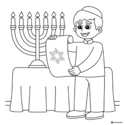 Boy Holding Star Scroll Coloring Page with Lit Menorah