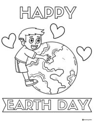 Boy Hugging Earth Coloring Page with Hearts and Text