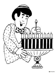 Boy Lighting Menorah Coloring Page with Yarmulke and Bow Tie