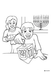 Boy Spinning Dreidel Hanukkah Coloring Page with Menorah