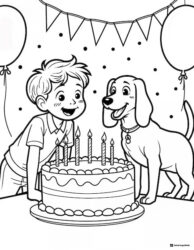 Boy and Dog Birthday Coloring Page with Cake and Balloons