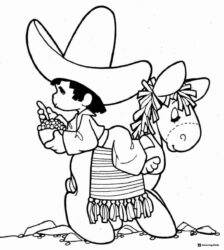 Boy and Donkey Coloring Page with Sombrero and Basket