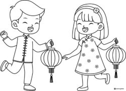 Boy and Girl Coloring Page Holding Lanterns and Smiling