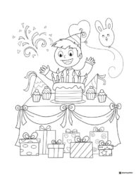 Boy at Table Coloring Sheet with Cake and Presents