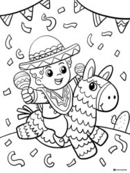 Boy on Pinata Ride Coloring Page with Sombrero and Maracas