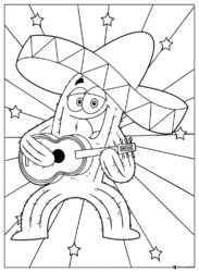 Cactus Character Coloring Page with Guitar and Sombrero