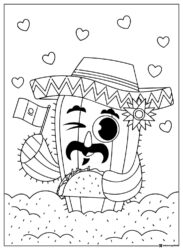 Cactus Character Coloring Page with Taco Flag and Sombrero