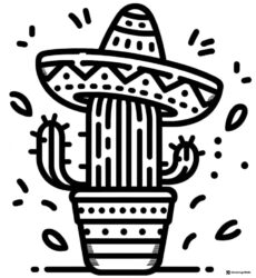Cactus in Sombrero Coloring Page with Decorative Pot Design