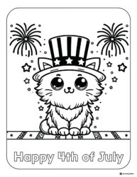 Cat 4th of July Coloring Page with Fireworks and Patriotic Hat