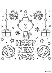 Cat with Snowflakes and Gifts New Year Coloring Page