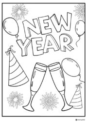 Celebration Coloring Page with Champagne Hats and Balloons