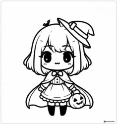 Chibi Witch Coloring Page with Pumpkin Trick or Treat Bag