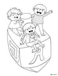 Children Riding Giant Dreidel Coloring Page with Smiles