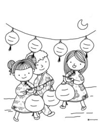 Children Walking with Lanterns Coloring Page Under Moonlight