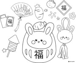 Chinese New Year Bunny Coloring Sheet with Fans and Firecrackers