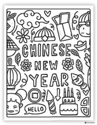 Chinese New Year Doodle Coloring Page with Firecrackers and Gifts